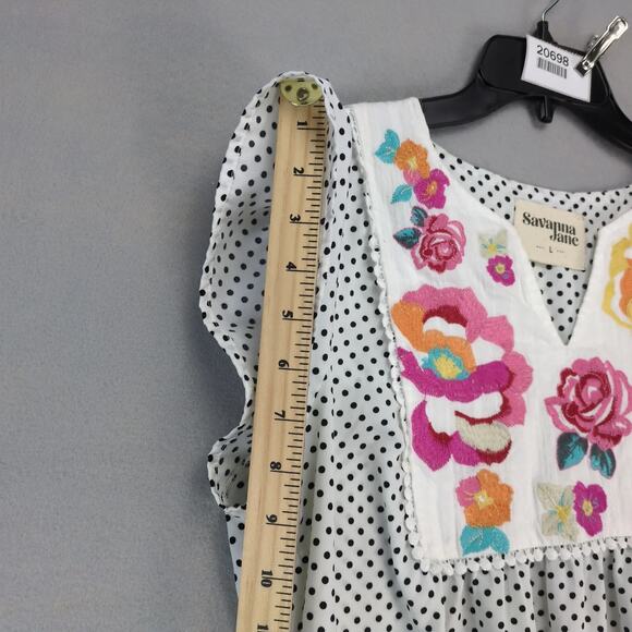 Savanna Jane Floral Embroidered Blouse Women's L B&W Polka Dot Babydoll Top Boho - Picture 6 of 10